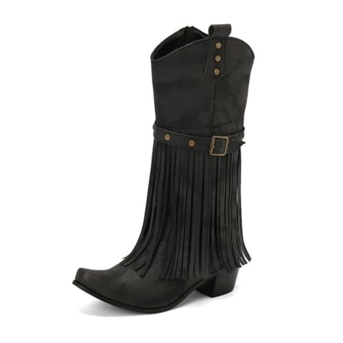 Cowboystiefel mit bestickten Fransen für Damen im britischen Stil, Gürtelschnalle, quadratische Zehenpartie, Dicker Absatz, Reißverschluss, modischer Reitstiefel im Country-Stil, Retro,Schwarz,39 EU von Generic