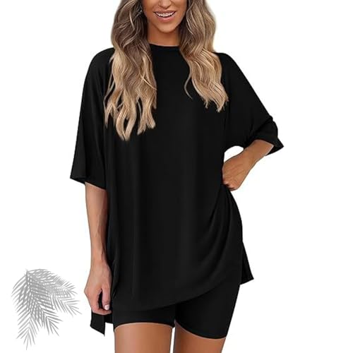 Cozymama Zweiteiler, Viralvera Sentwill Zweiteiler-Shorts, Sommer-Umstandsmode, Oversize-Lounge-Set (Black,x_l) von Generic
