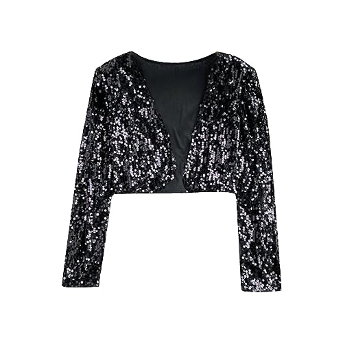 Crop Glitzer Sequin Jacket Damen Karneval Kostüm Pailletten Jacke Langarm Party Club Metallic Glitzer Sequin Bomberjacke Pailletten Jacke Langarm Party Club Offen Glitzer Cardigan Metallic Jacket von Generic