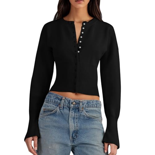 Crop Pullover Damen Herbst Strickpullover V Ausschnitt Pulli Langarm Cropped Sweater Knopfleiste Warme Winterpullover Gestrickte Oberteile Jumpers Kleidung Teenager Mädchen Winter Herbstmode 2024 von Generic