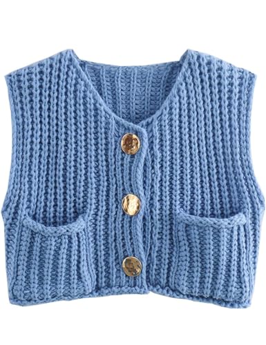 Crop-Strickpullover for Damen, Weste, Oberteil, goldene Knöpfe, Häkelweste, ärmellos, Dicker Pullover, Strickjacke mit Taschen(Blue,M) von Generic