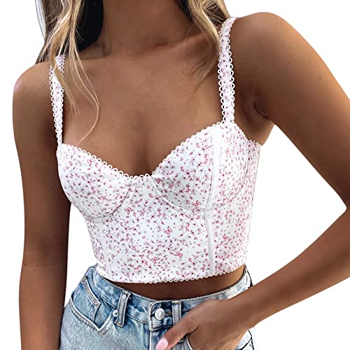 Crop Top Damen, Damen Oberteil mit V-Ausschnitt Ärmellos Sommer Camisole Tunika Schulterfrei Blümchen Slim Cropped Top für Frauen Party Sport Elegant Bequeme Casual Mode Bluse Sommershirt von Generic