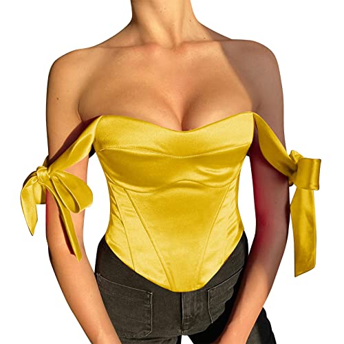 Crop Top Damen Y2K Cami Ärmelloses T-Shirt Sommer Frauen Spaghettiträger Bustier Korsett Kurze Weste Einfarbig Sexy Tanktops Push Up Clubwear Streetwear (Gelb, L) von Generic