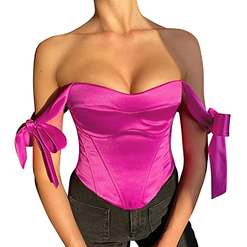 Crop Top Damen Y2K Cami Ärmelloses T-Shirt Sommer Frauen Spaghettiträger Bustier Korsett Kurze Weste Einfarbig Sexy Tanktops Push Up Clubwear Streetwear (Hot Pink, S) von Generic