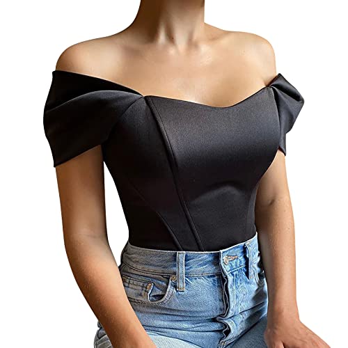 Crop Top Damen Y2K Cami Ärmelloses T-Shirt Sommer Frauen Spaghettiträger Bustier Korsett Kurze Weste Einfarbig Sexy Tanktops Push Up Clubwear Streetwear (Schwarz, L) von Generic