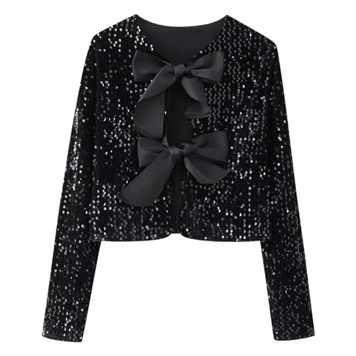 Crop Top Damen mit Pailletten Elegant Glitzer Bauchfreies Oberteil mit Schleife Party Silvester Outfit Sequin Langarm Tunika Bluse Hemd Langarmshirt Tops Festliche Kleidung von Generic