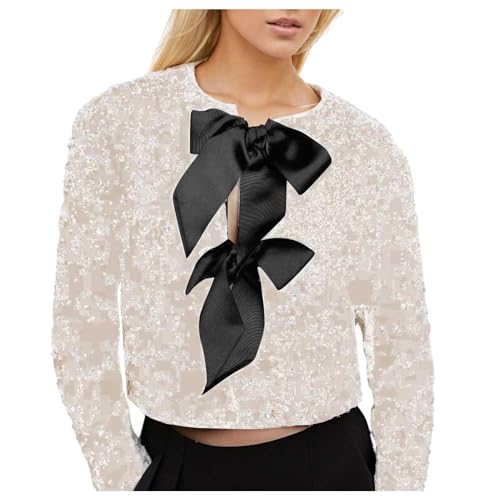 Crop Top Damen mit Pailletten Elegant Glitzer Bauchfreies Oberteil mit Schleife Party Silvester Outfit Sequin Langarm Tunika Bluse Hemd Langarmshirt Tops Festliche Kleidung von Generic