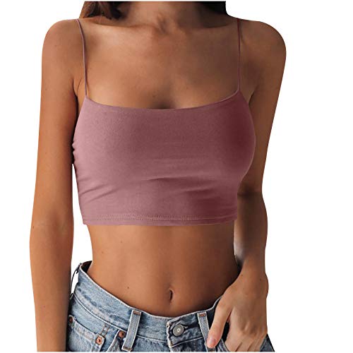 Crop Tops Damen Mit Integriertem BH - Trägertop Weiß Damen, Kurz Spaghetti Cropped Ärmellose Damentop Croptops Bustier Camisole Bralette Y2K Oberteil Blusetops Basic Cami Tank Top Stretch Unterhemd von Generic