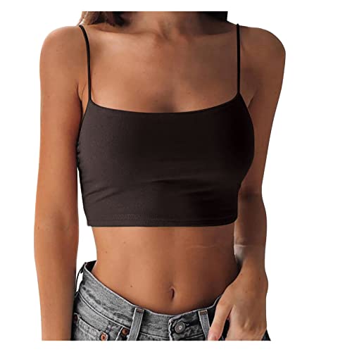 Crop Tops Damen Mit Integriertem BH - Trägertop Weiß Damen, Kurz Spaghetti Cropped Ärmellose Damentop Croptops Bustier Camisole Bralette Y2K Oberteil Blusetops Basic Cami Tank Top Stretch Unterhemd von Generic