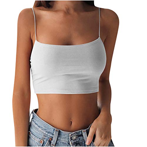 Crop Tops Damen Mit Integriertem BH - Trägertop Weiß Damen, Kurz Spaghetti Cropped Ärmellose Damentop Croptops Bustier Camisole Bralette Y2K Oberteil Blusetops Basic Cami Tank Top Stretch Unterhemd von Generic