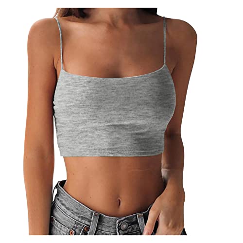 Crop Tops Damen Mit Integriertem BH - Trägertop Weiß Damen, Kurz Spaghetti Cropped Ärmellose Damentop Croptops Bustier Camisole Bralette Y2K Oberteil Blusetops Basic Cami Tank Top Stretch Unterhemd von Generic