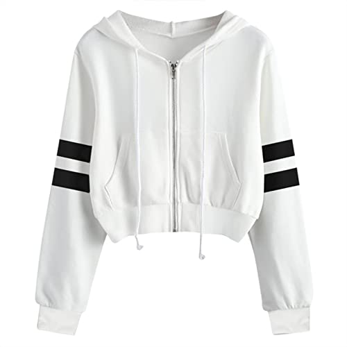 Cropped Kapuzenpullover Streifen Jacke Damen Reißverschluss Kurze Sweatjacke Kapuzenjacke Hoodie Teenager Mädchen Kapuzenpullover Langarm Kurz Hoodie Sweatshirt Crop Pullover Tops (01-White, XL) von Generic