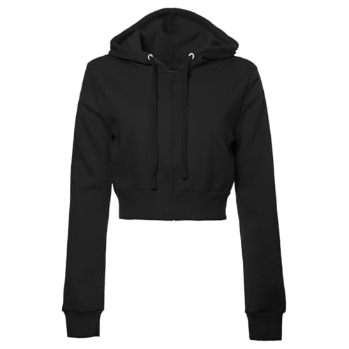 Cropped Sweatjacke Damen mit Kapuze Kurz Kapuzenjacke Zip Up Hoodie Langarm Kapuzenpullover mit Reißverschluss Crop Pullover Y2k Jacke Hoodiejacken Tops Sweatshirt Mädchen 06 Schwarz M von Generic