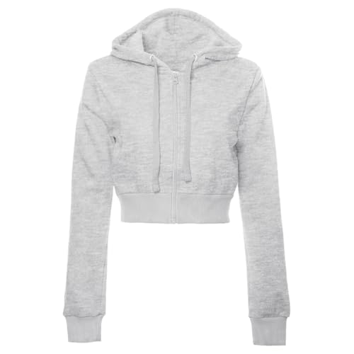 Cropped Sweatjacke Damen mit Kapuze Kurz Kapuzenjacke Zip Up Hoodie Langarm Kapuzenpullover mit Reißverschluss Crop Pullover Y2k Jacke Hoodiejacken Tops Sweatshirt Mädchen 08 Hellgrau S von Generic