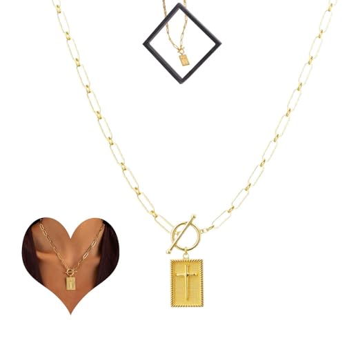 Cross Pendant Paperclip Chain Necklace, Gettoreach Dainty Rectangle Paperclip Chain Necklace, Unisex Waterproof and Sweat-Resistant, Stylish 14k Gold Plating Jewelry Gift for Religious (Gold) von Generic