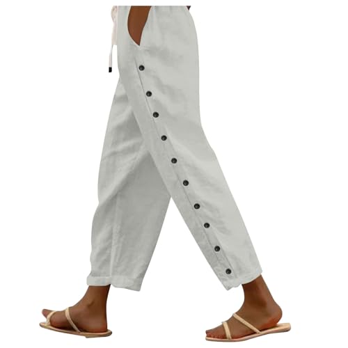 Culotte Damen 7/8,Leichte Sommerhose Damen,Damen Sommer Leicht Sporthose Baumwolle Leinen Stoffhose Lockere Einfarbig Sommerhose Lässig High Waist Strandhose mit Taschen,grau,S von Generic
