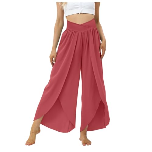 Culottes Hosen Damen Leichte Sommerhose Damen Wickelhose mit Schlitz Weites Bein Rüschen Hose Damen Sommer Yogahose Leicht Luftige Sommerhosen Plissee Bequeme Sporthose Frauen Fitness Stretchhose von Generic