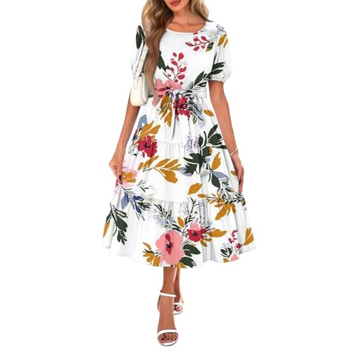 Curvy Mode Damen Sommerkleid Damen Rundhals Puff Ärmel Stufenkleid Boho Blumenkleid Elegant Swing Tunika Kleid mit Taschen Leicht und Luftig Freizeitkleid mit Schnürung C White S Curvy Mode Damen Sommerkleid Damen Rundhals Puff Ärmel Stufenkleid Boho Blumenkleid Elegant Swing Tunika Kleid mit Taschen Leicht und Luftig Freizeitkleid mit Schnürung C White S von Generic