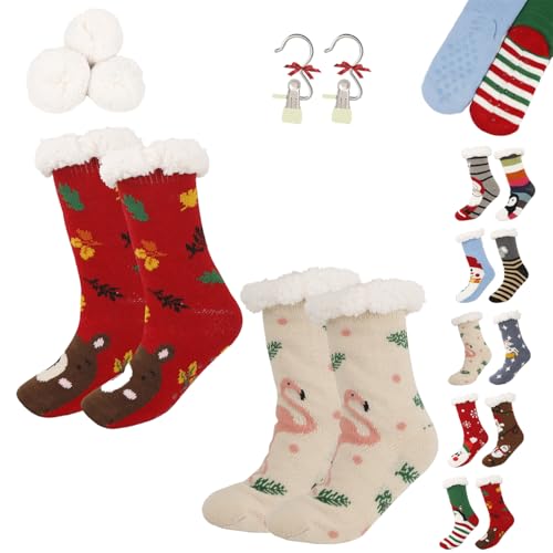 Cute Animal Ultra-Thick Slipper Home Socks, Women Non Slip Soft Cozy Christmas Fuzzy Slipper Socks for Indoor Floor (2PCS-C) von Generic
