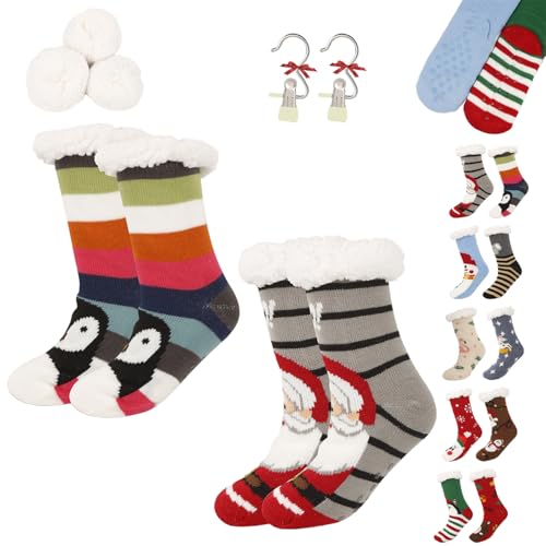 Cute Animal Ultra-Thick Slipper Home Socks, Women Non Slip Soft Cozy Christmas Fuzzy Slipper Socks for Indoor Floor (2PCS-G) von Generic
