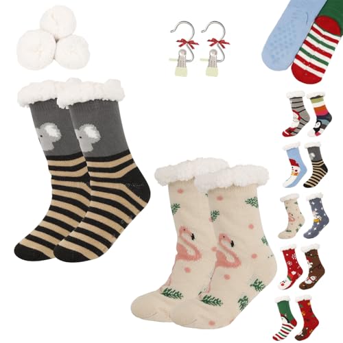 Cute Animal Ultra-Thick Slipper Home Socks, Women Non Slip Soft Cozy Christmas Fuzzy Slipper Socks for Indoor Floor (2PCS-H) von Generic