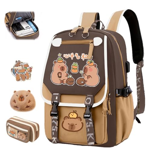 Cute Capybara School Bag, Kawaii Children's School Bag with Capybara Pencil Case, Large Capacity Waterproof Cute Capybara School Backpack, Preppy School Bag for Kids (A) von Generic