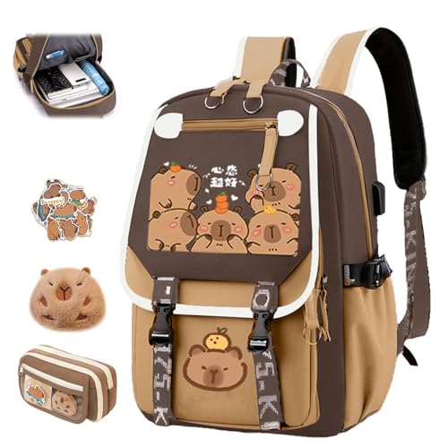 Cute Capybara School Bag, Kawaii Children's School Bag with Capybara Pencil Case, Large Capacity Waterproof Cute Capybara School Backpack, Preppy School Bag for Kids (B) von Generic