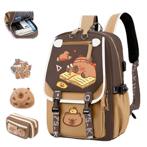 Cute Capybara School Bag, Kawaii Children's School Bag with Capybara Pencil Case, Large Capacity Waterproof Cute Capybara School Backpack, Preppy School Bag for Kids (D) von Generic
