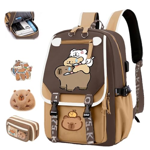 Cute Capybara School Bag, Kawaii Children's School Bag with Capybara Pencil Case, Large Capacity Waterproof Cute Capybara School Backpack, Preppy School Bag for Kids (E) von Generic