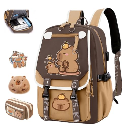 Cute Capybara School Bag, Kawaii Children's School Bag with Capybara Pencil Case, Large Capacity Waterproof Cute Capybara School Backpack, Preppy School Bag for Kids (F) von Generic