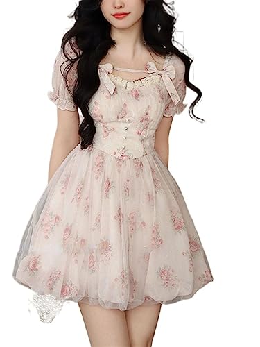 Cute Fairy Dress Elegant Pink Kawaii Sweet Dresses Female Puff Sleeve French Vintage Party Mini Dress (Color : Flower Dress, Size : XL) von Generic