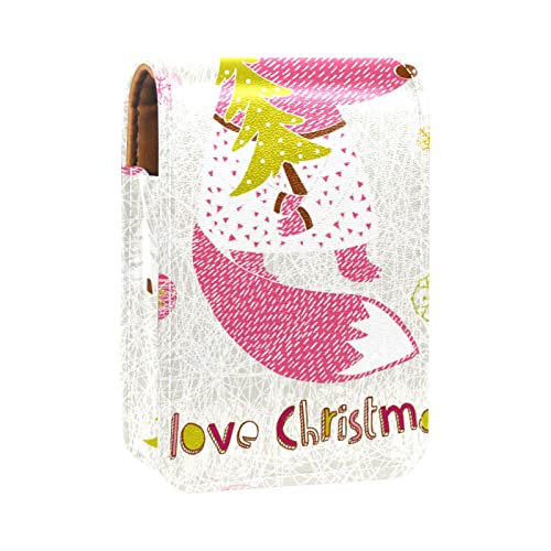Cute Fox I Love Christmas Tragbare Lippenstift-Hülle für Reisen, Mini-Lippenstift-Aufbewahrungsbox mit Spiegel für Damen und Frauen, Leder-Kosmetiktasche, Mehrfarbig, 9.5x2x7 cm/3.7x0.8x2.7 in von Generic