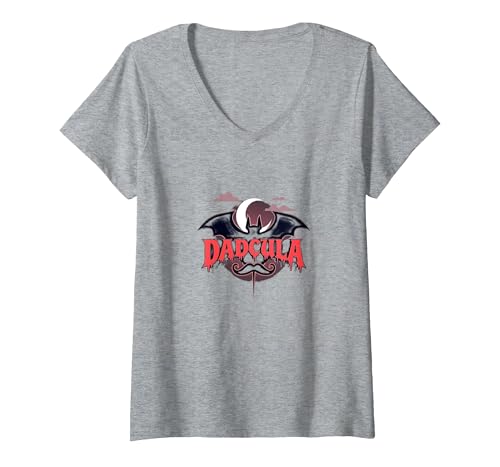 Dadcula: Spooky Dad Halloween Vampir Fledermaus Schnurrbart T-Shirt mit V-Ausschnitt, Damen, Grau Meliert, XL von Generic