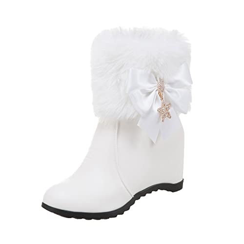 Dame Schneestiefel Damen Mode Leder Schleife Strass Dekorative Seitliche Reißverschluss Innen Hoher Keilabsatz Kurze Baumwolle Stiefel Mitte Wade Winter Schneestiefel für Frauen, weiß, 38 EU von Generic