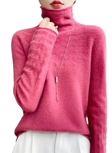Damen 100% Merinowolle Stricken Rollkragenpullover Einfarbig Strickpullover Kaschmir Pullover, himbeere, XX-Large von Generic