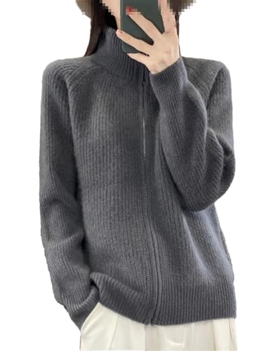 Damen 100% Merinowolle Strickpullover Rollkragen Reißverschluss Cardigan Herbst/Winter Casual Lose Top Verdickung Kaschmir Jacke, Dunkelgrau9, L von Generic