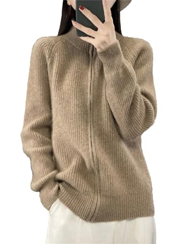 Damen 100% Merinowolle Strickpullover Rollkragen Reißverschluss Cardigan Herbst/Winter Casual Lose Top Verdickung Kaschmir Jacke, Khaki9, M Damen 100% Merinowolle Strickpullover Rollkragen Reißverschluss Cardigan Herbst/Winter Casual Lose Top Verdickung Kaschmir Jacke, Khaki9, M von Generic