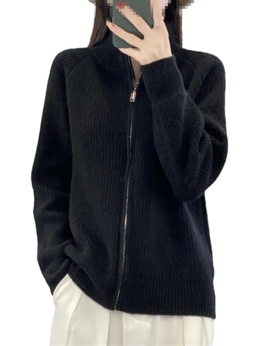 Damen 100% Merinowolle Strickpullover Rollkragen Reißverschluss Cardigan Herbst/Winter Casual Lose Top Verdickung Kaschmir Jacke, Schwarz , L von Generic