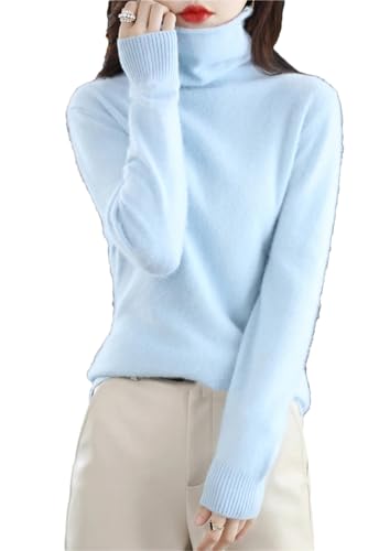 Damen 100% Nerz Kaschmir Rollkragenpullover Lässig Gestrickt Weich Pullover Solide Strickpullover, hellblau, S von Generic