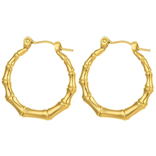 Damen 18K Creolen Vintage Edelstahl Imitation Bambus Design 80mm Leicht 90S Retro Stil Ein Paar Klickverschluss von Generic