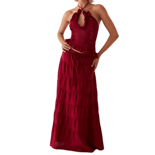 Damen 2 Stück Maxirock Set Y2k Halter geraffte Cami Top Tiered Flowy Ruffle Rock Sommer Strand Outfits (Rot,Klein) von Generic