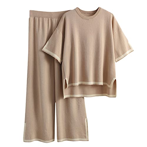 Damen 2 Stück Outfits Pullover Sets Strick Kurzarm ullover Tops Elastisch taillierte Hosen Loungewear (Einheitsgröße, Khaki) von Generic