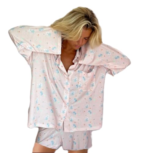 Damen 2 Stück Pyjama Set Cute Fruit Floral Printed Shirt Pant Sets Holiday Loungewear Nightwear (Pink, S) von Generic