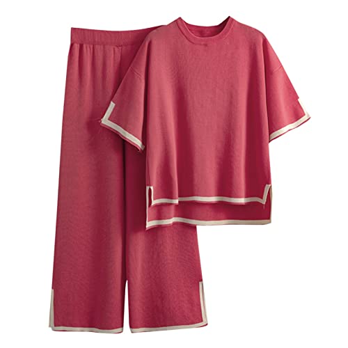 Damen 2 Stück Strickanzug aus Kurzarm Strick Pullover Tops Wide Leg Hosen Sportanzug Weiche Bequeme Freizeit Outfit Bequem von Generic