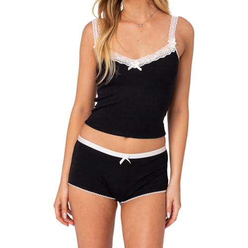 Damen 2-teilige Outfits Spitze Patchwork/Bogen Druck V-Ausschnitt Crop Camisole und elastische Shorts für Club Streetwear (Black, S) von Generic