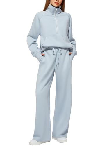Damen 2-teiliges Set Sweatshirt mit halbem Reißverschluss und Jogginghose mit weitem Bein Freizeitanzug Homewear Sweatshirt Reisebekleidung,Light Blue,M von Generic