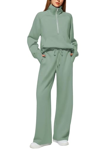 Damen 2-teiliges Set Sweatshirt mit halbem Reißverschluss und Jogginghose mit weitem Bein Freizeitanzug Homewear Sweatshirt Reisebekleidung,Soybean Green,M von Generic