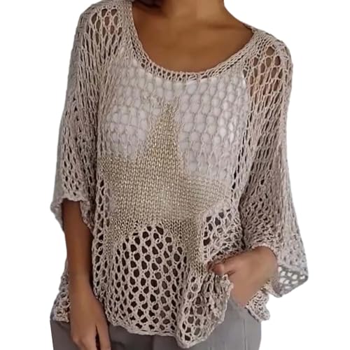 Damen 2024 Frühling Sommer Häkeln 3/4 Ärmel Pullover Lose Top Kleid Schwarz Kurz (Khaki, XXXXXL) von Generic