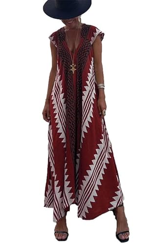 Damen 2024 Vintage Azteken Druck Kaftan ärmellos lang Strand Bikini Abdeckung Maxi Alltagskleid Tunika Kaftan von Generic