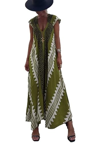 Damen 2024 Vintage Azteken Druck Kaftan ärmellos lang Strand Bikini Abdeckung Maxi Alltagskleid Tunika Kaftan von Generic